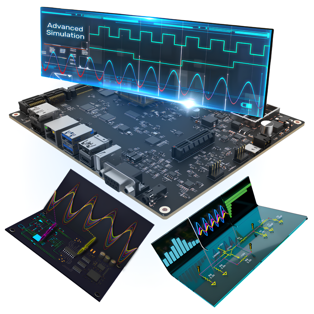 Yüksek hızlı elektronik sistemler için SI simülasyon eğitimi, ARM tabanlı işlemci, DRAM, eMMC, USB, HDMI, PCI-Express ve mühendislik analiz süreçlerini gösteren devre kartı görseli.